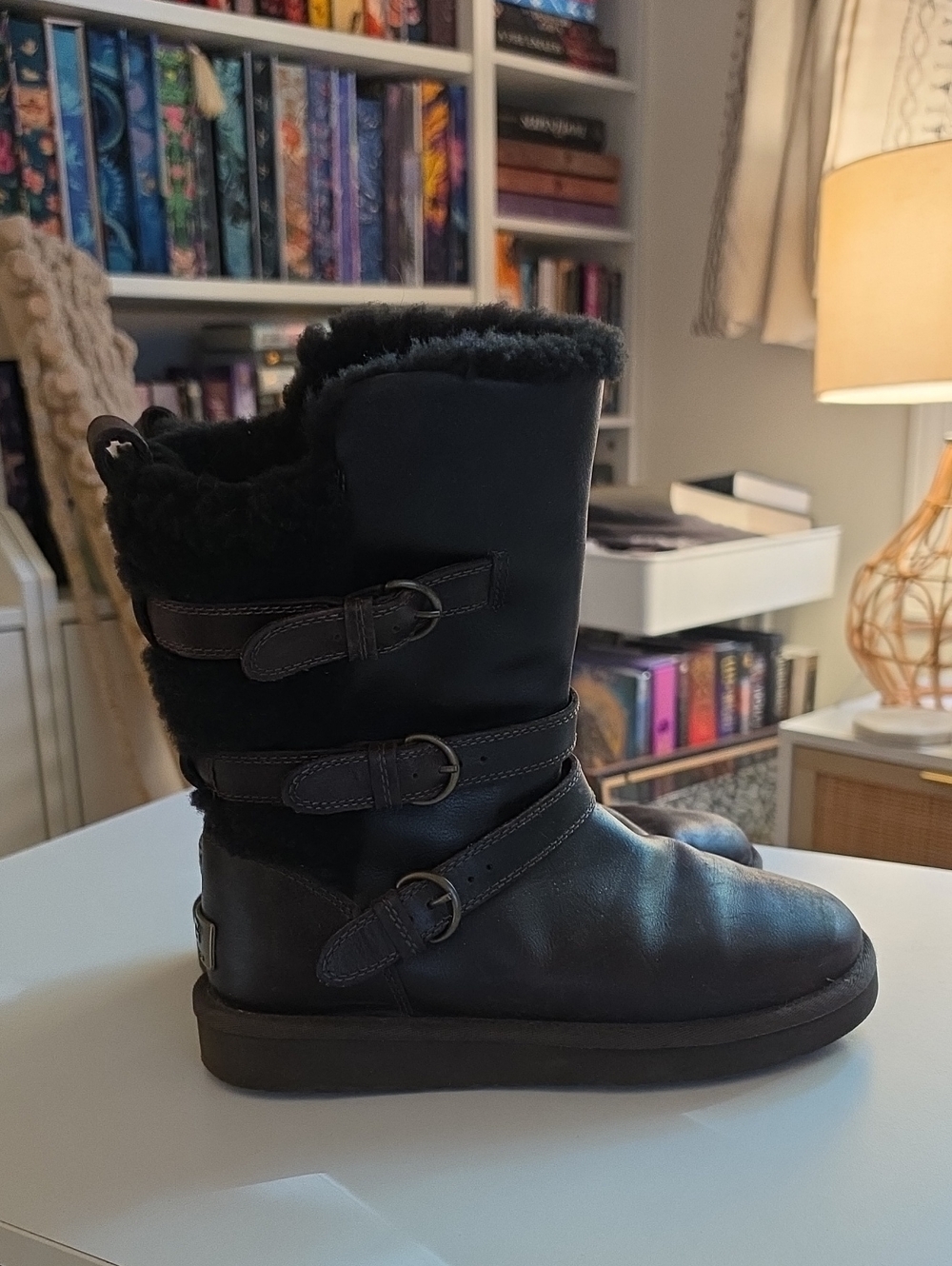 UGG US Women's 7 Dark Brown Leather Shearling-Trim Buckle Mid-Calf Boots
